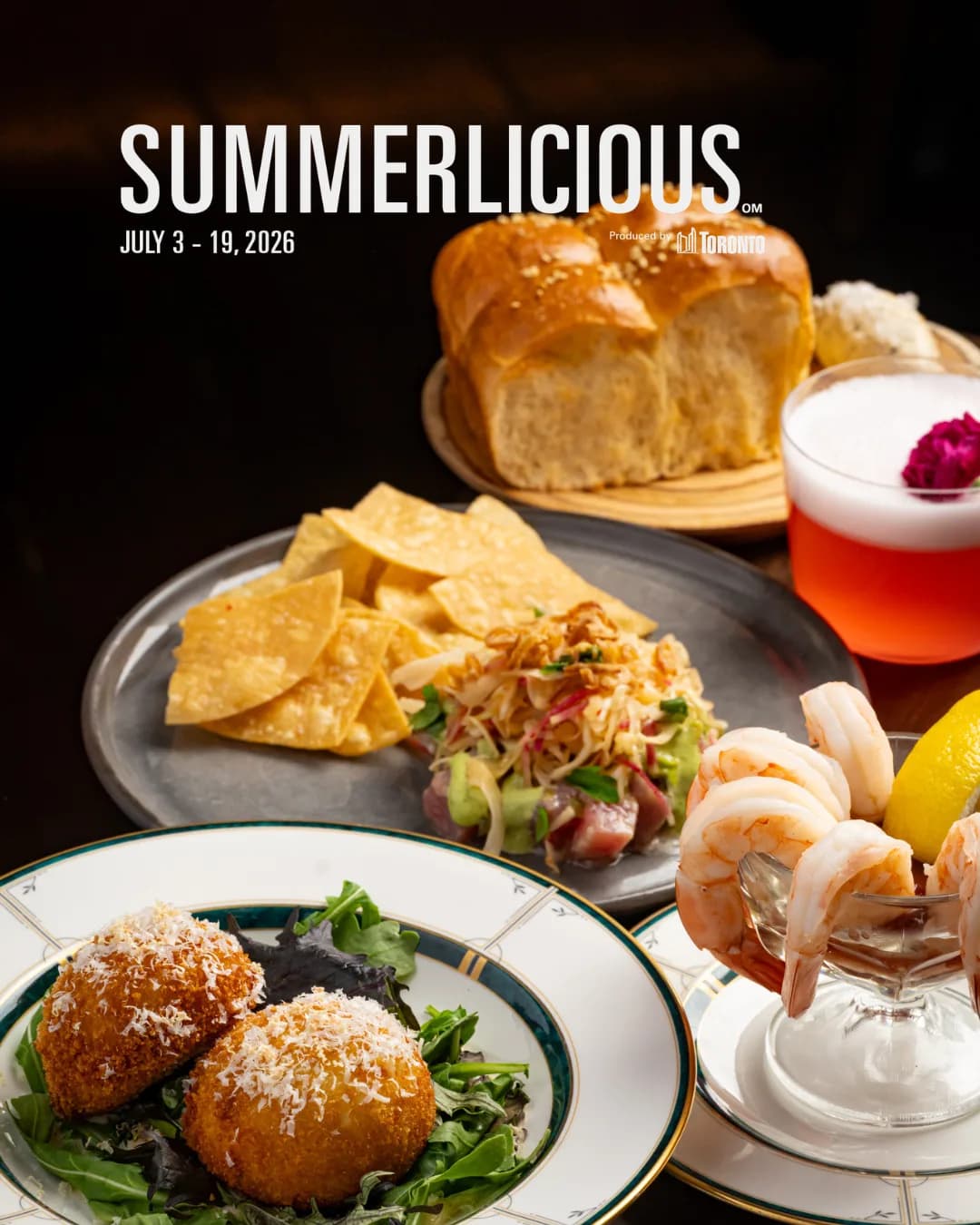 Summerlicious 2026 spread at The Berczy Tavern with burrata, seafood, and dessert